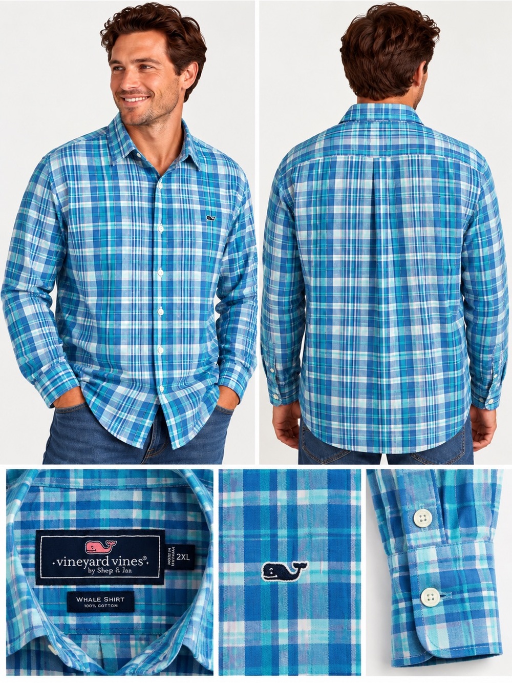 Vineyard Vines Men’s 2XL Whale Shirt Blue Aqua Plaid Button Down
